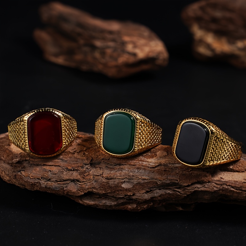 Vintage Stainless Steel Ring with Tiger'S Eye Stone Red Onyx Golden Plating
